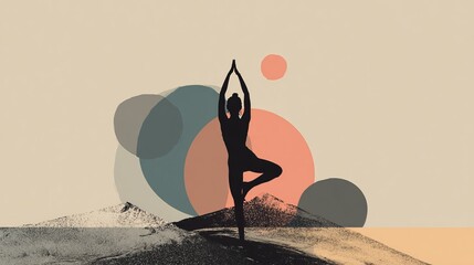 Serene Yoga Silhouette with Abstract Shapes on a Minimalistic Background for Wellness and Mindfulness Concepts