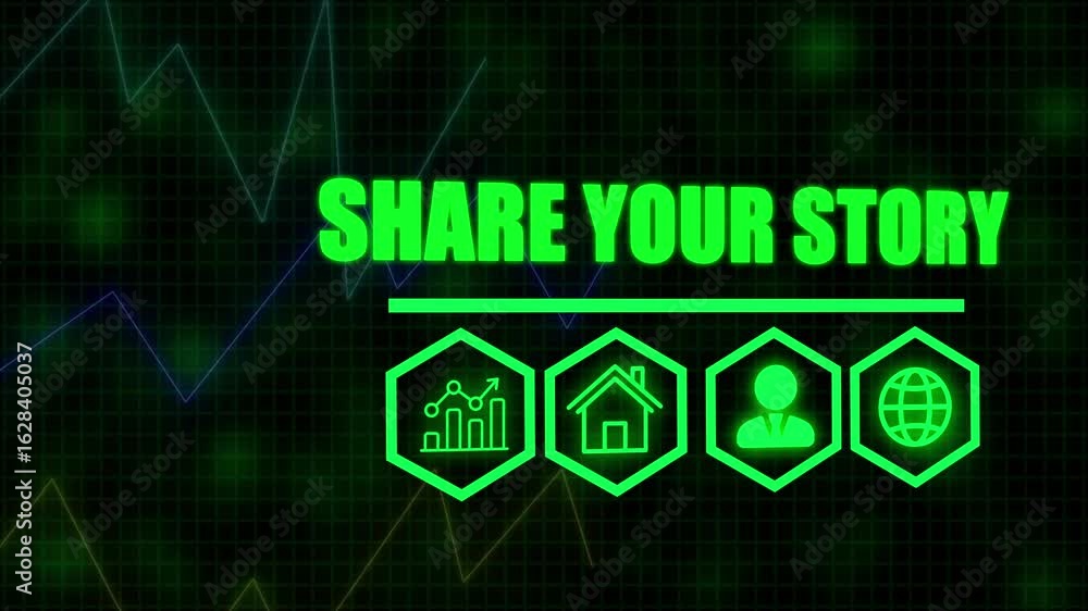 Poster share your story business concept on a flashing computer monitor with moving graphs and data. growin