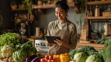 Young woman browsing grocery app in modern kitchen filled with fresh vegetables and greenery
