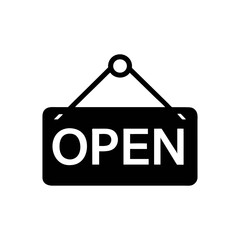 Simple black and white open sign hanging on a string