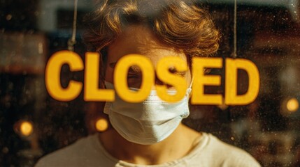 Business Closure Due to Pandemic: Closed Sign on Door with Unidentified Masked Person in Background