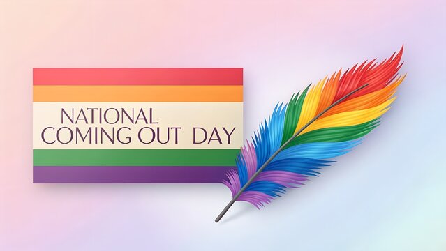 Rainbow feather and National Coming Out Day text rainbow flag