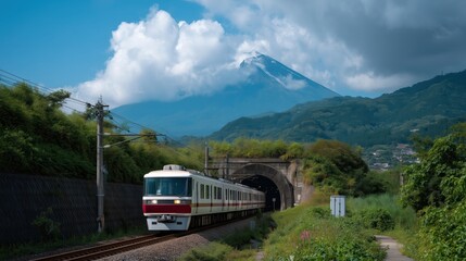 Fototapeta premium Serene Japanese Train with Mountain in Background