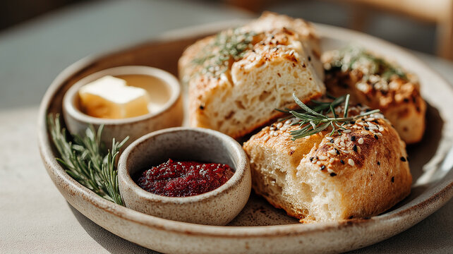 Freshly baked bread with butter and jam, garnished with herbs - Powered by Adobe