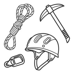 Illustration of climbing equipment including rope ice axe helmet and carabiner in black and white outline