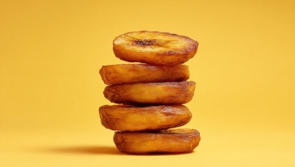 A stack of golden-brown fried banana slices against a vibrant yellow background