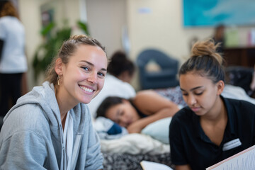 Obraz premium Government-run youth shelter interior with girls relaxing, reading, and talking to social worker, calm and warm mood, 