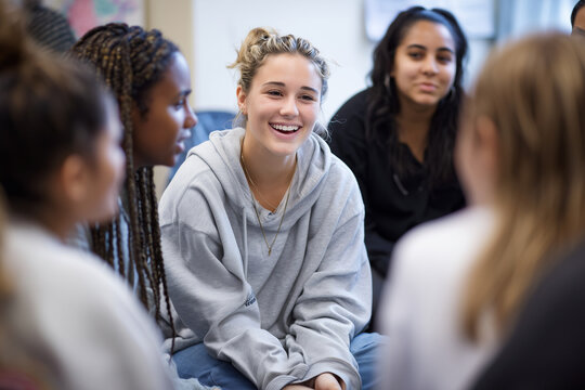 Female youth group participating in self-care education session with instructor, seated in circle, 