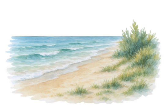 Watercolor painting of gentle ocean waves lapping onto a sandy shore with coastal vegetation and soft light