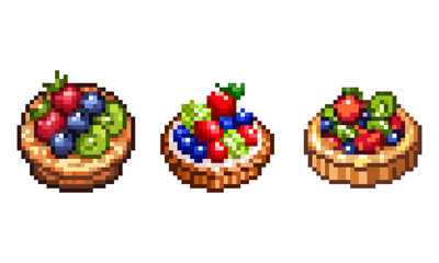 Pixel Art Fruit Tart Set. A set of three pixel art illustrations of fruit tarts.