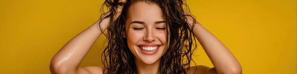 Joyful Girl Embracing Well-Being While Washing Her Hair Against a Vibrant Yellow Backdrop