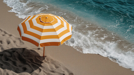 Obraz premium Bright striped beach umbrella on sandy shore with waves