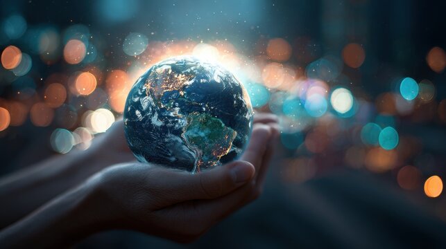 Global Care: Human Hands Embracing Earth Against a Blurred Cityscape in Night Lights