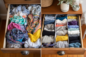 Side-by-side image of drawer filled with messy clothes versus organized with dividers,