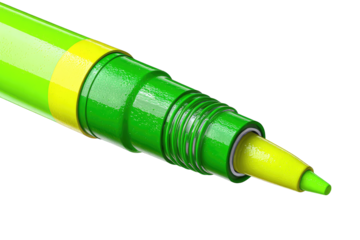 Close-up of a bright green marker tip, showing the vibrant yellow accents and the fine point