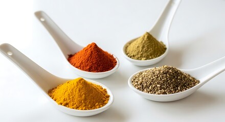Four white spoons filled with various colorful spices on white surface