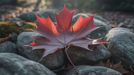 A vibrant red maple leaf with glistening water droplets rests on a textured stone surface.