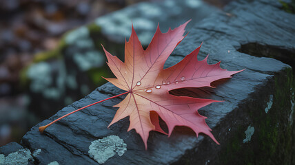 A vibrant red maple leaf with glistening water droplets rests on a textured stone surface.