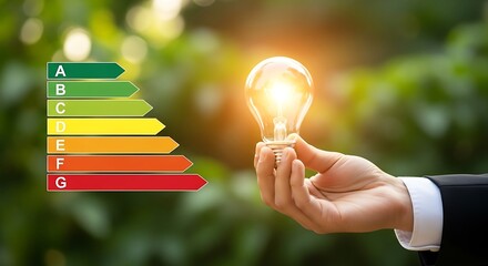 Photo of hand holding glowing light bulb with energy efficiency rating chart