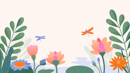 Background and banner decorated with pastel colors, blooming flowers, and leaves. Flat folk geometric style.