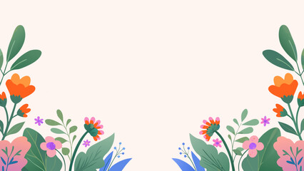 Background and banner decorated with pastel colors, blooming flowers, and leaves. Flat folk geometric style.