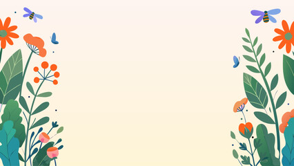 Background and banner decorated with pastel colors, blooming flowers, and leaves. Flat folk geometric style.