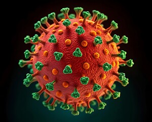 Red virus particle with green and orange spikes coronavirus