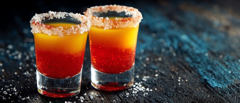 Colorful cocktail shot in vibrant glasses.