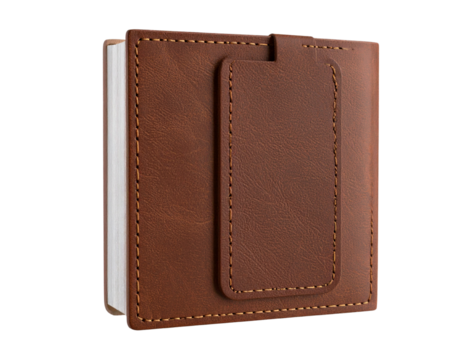  3D Bookmark with Leather Texture and Stitching, Hanging Over Book Edge, angled side view, isolated transparent background png