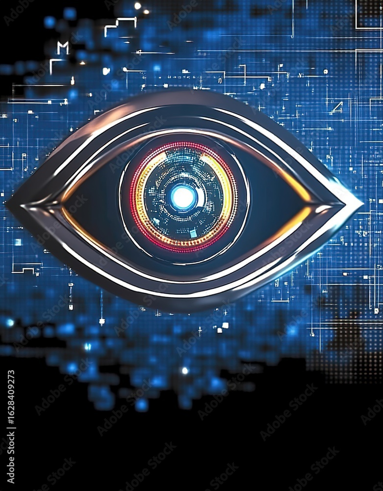 Poster abstract blue background with digital circuit pattern in large eye, hd security technology design, c
