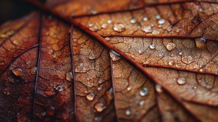 Fototapeta premium Close-up of a weathered autumn leaf, intricate veins, and water droplets