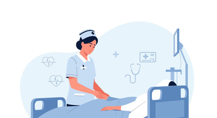 Fototapeta premium Caring nurse provides emotional support to patient in hospital bed illustration