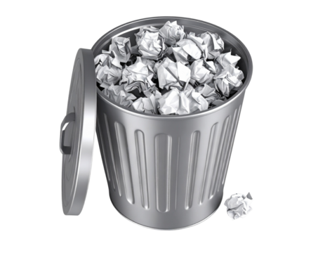  3D Trash Can with Open Lid and Crumpled Paper Inside, Angled Top View, isolated transparent background png