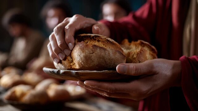 Man Holding Freshly Baked Rustic Bread on Wooden Plate with Group in Background