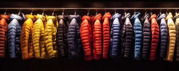A selection of colorful puffer jackets hanging on a clothing rack