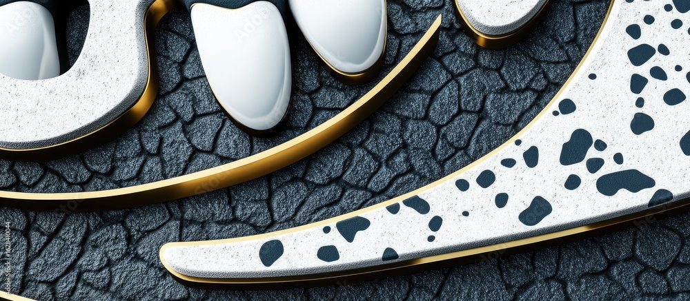 Poster abstract design with white and gold elements on a dark textured background