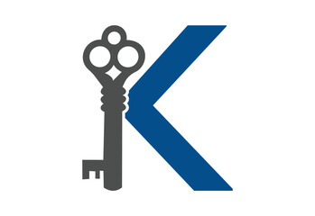Old key house icon logo. Old key silhouette antique lock illustration on white background with latter K