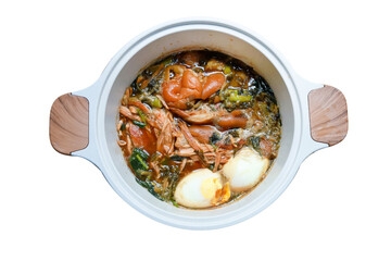 Top view of Stewed pork leg with boiled egg, focus selective