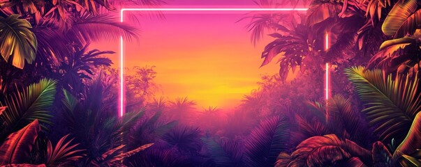 Vivid vibrant tropical landscape framed by neon pink illuminated rectangle