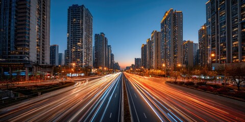 Fototapeta premium City highway at twilight. High-rise buildings flank a busy highway, illuminated by car lights streaking across the road. Urban landscape at dusk