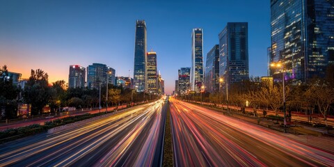 Obraz premium City highway at twilight, blurred car lights