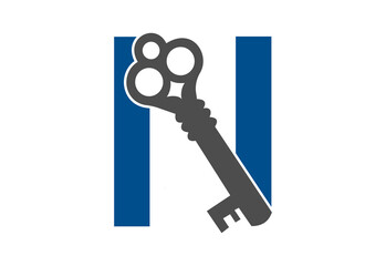 Old key house icon logo. Old key silhouette antique lock illustration on white background with latter N