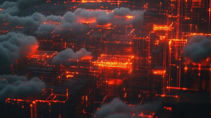 Fototapeta premium Futuristic city network illuminated by fiery energy