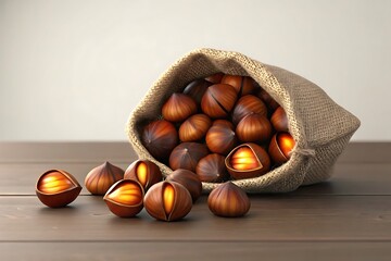 Roasted chestnuts spilling from burlap sack on wooden table