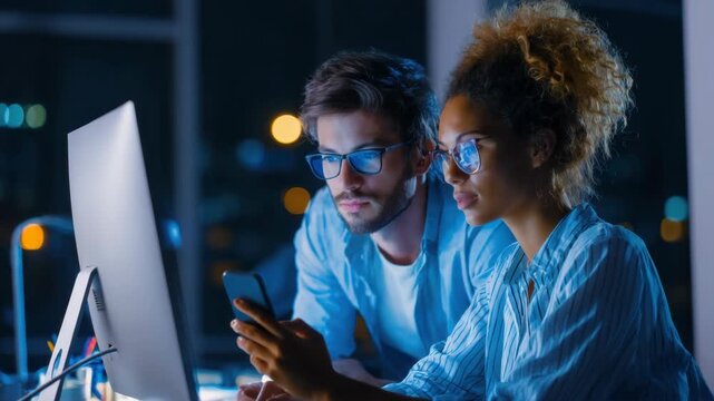 Two diverse software developers a man and a woman in glasses intensely focus on a computer screen and a smartphone in a dimly lit office environment