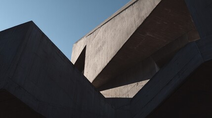Bold neo-brutalist 3D geometric composition with rough concrete textures and sharp angular forms, photographed