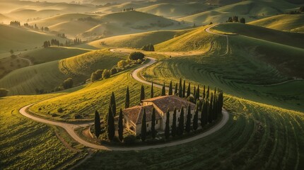 Aerial view of rustic Tuscan villa with cypress trees on curved hillside road in golden countryside landscape