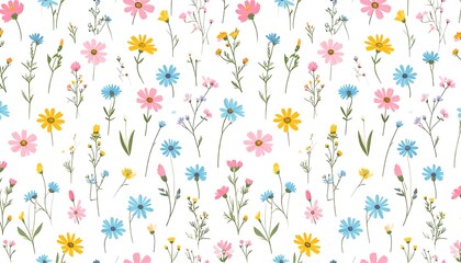 Floral pattern of various flowers on a white background