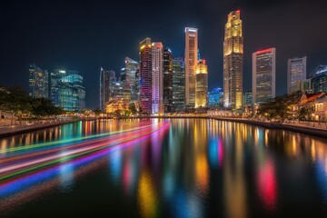 Night cityscape reflecting on a waterway.  Modern skyscrapers illuminated with vibrant lights, reflected in a still body of water. A colorful boat trail cuts across the water