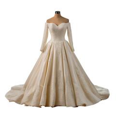 Obraz premium Elegant off the shoulder long sleeve ball gown wedding dress with intricate lace details isolated on transparent background